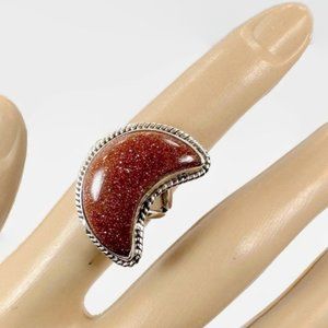 Moon Ring, GoldStone Ring, Sterling Silver, Crescent Moon, Size 5 1/2, Celestial
